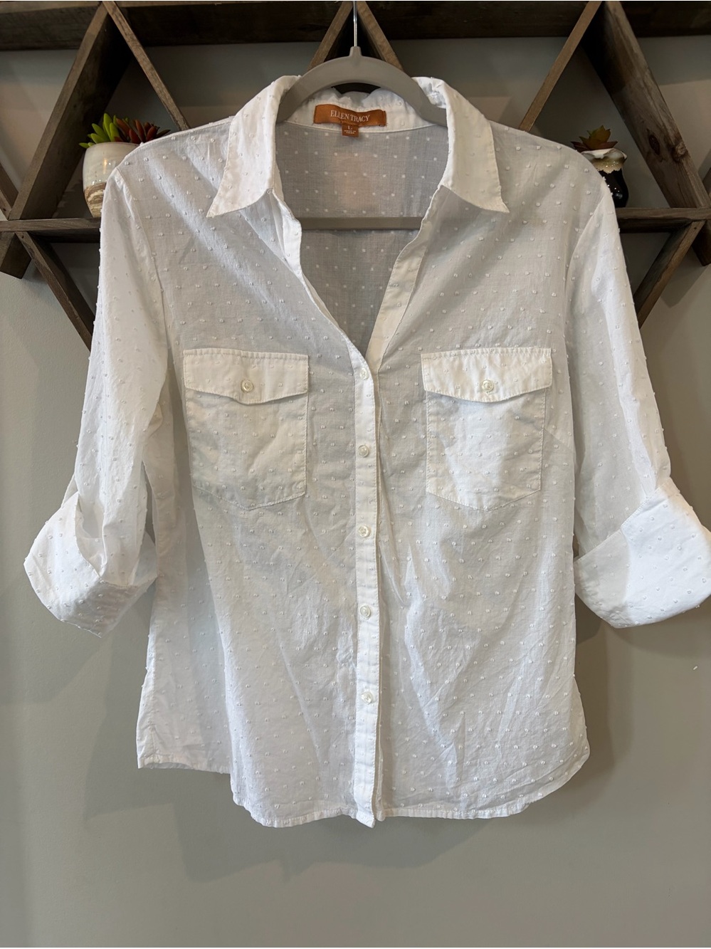 Ellen Tracy white button-down top, dotted swiss fabric,roll-tab sleeves-Large